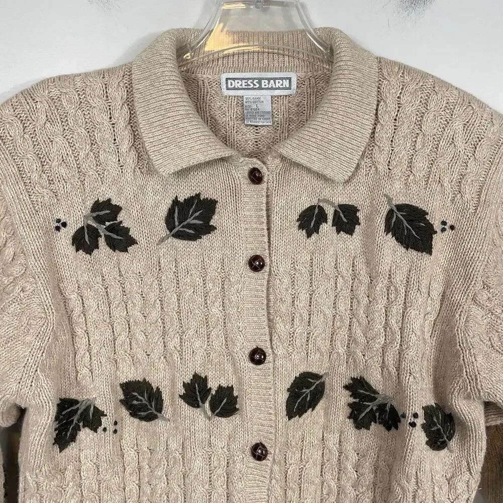 Vtg Cable Knit Cardigan Sweater Size L Beige Embroidered Fall Leaves Cottagecore